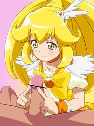 blonde_hair blush censored choker clothing cure_peace double_v dress farge hair_ornament handjob highres long_hair magical_girl penis pointless_censoring ponytail precure pretty_cure smile smile_precure tied_hair uncensored v wrist_cuffs yayoi_kise yellow_dress yellow_eyes