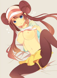 bad_id black_legwear blue_eyes breasts brown_hair double_bun female female_only human legwear_under_shorts long_hair mmco navel nintendo nipples no_bra pantyhose pokemon pokemon_bw2 raglan_sleeves rosa_(pokemon) shirt_lift shorts solo tied_hair twintails visor_cap