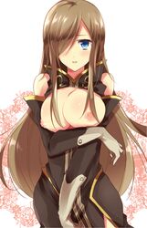 1girls bare_shoulders blue_eyes blush breast_lift breasts breasts_out brown_hair detached_sleeves female female_focus female_only pointy_chin shirt_lift tales_of_(series) tales_of_the_abyss tear_grants