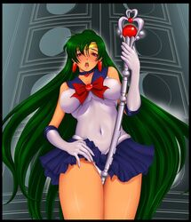 bishoujo_senshi_sailor_moon blush clothing earrings female gloves green_hair long_hair medium_breasts miniskirt navel open_mouth red_eyes sailor_pluto sailor_suit setsuna_meiou skirt solo sonota_taisei staff tall_image