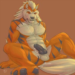 abs anthro arcanine balls biceps black_nose black_penis canine canine_penis cum fangs fur furry grey_claws grey_fur grey_nose grey_penis looking_at_viewer male male_only muscles nude orange_fur pawpads pecs penis pokemon pokemon_(species) red_eyes rrowdybeast smile solo spread_legs spreading striped_fur teeth video_games white_fur