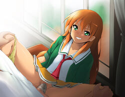 akai_homura censored clothed_sex condom condom_on_penis green_eyes grin kaiga long_hair mosaic_censoring orange_hair panties panties_around_leg panties_around_one_leg penis school_uniform sex skirt sleeves_rolled_up smile spread_legs tokimeki_memorial tokimeki_memorial_2 underwear vaginal_penetration