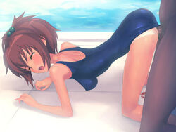 aoi_nagisa blood blush breasts brown_hair censored closed_eyes dark-skinned_male dark_skin doggy_style hair_ornament hanging_breasts impossible_clothes interracial leapfrog_position male one-piece_swimsuit open_mouth penis petite pool quadrastate rape saliva sex strawberry_panic! swimsuit swimsuit_aside tan tanline tear virgin