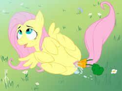 blue_eyes carrots equine evilkey_(artist) female fluttershy_(mlp) friendship_is_magic hair long_hair looking_up masturbation my_little_pony open_mouth pegasus pussy smooth_skin solo tongue wings