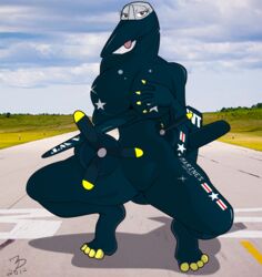 aeromorph airplane anthro big_breasts breasts brown_eyes female huge_breasts living_aircraft living_machine looking_at_viewer machine mechanical propellers runway vehicle vmp-254 zp92