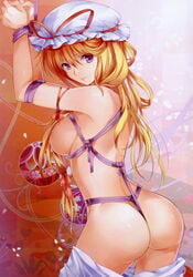 ass blonde_hair bondage breasts crotch_rope female hat highres long_hair nude pico_(artist) pico_(picollector79) purple_eyes pussy_juice solo touhou yukari_yakumo