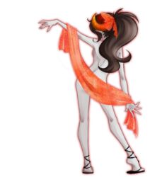 1girls aradia_megido ass back brown_hair facing_away female grey_skin hairbow homestuck horns long_hair ms_paint_adventures nude pointy_ears ponytail sandals solo tied_hair transparent_background troll