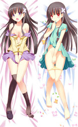 barefoot bed_sheet beiyu black_hair blush breasts cleavage dakimakura dakimakura_design dress feet female flower hair_flower hair_ornament long_hair looking_at_viewer lying mouth_hold navel nipples no_shoes on_back open_clothes panties panty_pull purple_eyes red_eyes sanka_rea sankarea single_shoe skirt solo thigh_gap thighhighs uncensored underwear zombie