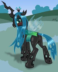 2012 anus ass blush changeling crown equine female friendship_is_magic hair horn long_hair looking_at_viewer looking_back my_little_pony outside pussy queen_chrysalis_(mlp) smile solo straight_hair wings zed001