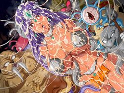 blush breasts bukkake censored clothing cum cum_in_mouth cum_in_pussy cum_on_body cum_on_breasts cum_on_clothes cum_on_hair cum_on_lower_body cum_on_upper_body cum_trail dark_skin dragon_quest dragon_quest_iv dutch_angle ejaculation facial large_breasts maya_mahabala midriff monster purple_hair pussy studio_mcr tentacle tongue