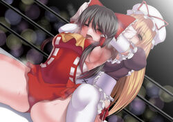 armpits black_hair blonde_hair blush bow brown_eyes catfight detached_sleeves dutch_angle female hair hair_tubes hairbow hat human kupala_(artist) leotard long_hair reimu_hakurei sideboob steam sweat thighhighs touhou white_legwear wrestling yukari_yakumo