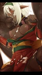 blush breasts cum cum_in_mouth cum_on_body cum_on_breasts cum_on_clothes cum_on_upper_body dark-skinned_female dark_elf dark_skin dougan_calpis_con elf fellatio hairband handjob highres japanese_clothes kimono long_hair nidaime_muramasa nipples nisei_muramasa nitroplus open_clothes oral orange_eyes penis pointy_ears short_hair soukou_akki_muramasa sweat white_hair