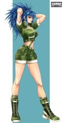 1girls big_breasts blue_eyes blue_hair boots earrings female green_clothing hands_behind_head jacket king_of_fighters legs_apart leona_heidern light-skinned_female light_skin long_hair looking_at_viewer military military_uniform shorts spread_legs very_long_hair