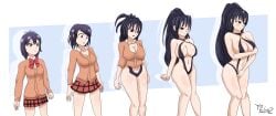 age_progression akeno_himejima ass_expansion black_hair breast_expansion crossover gabriel_dropout hair_growth high_school_dxd identity_death magenta_eyes purple_eyes reincarnation school_uniform schoolgirl sling_bikini slingshot_swimsuit swimsuit thatfreakgivz transformation_sequence tsukinose_vignette_april violet_hair