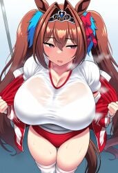 ai_generated animal_ears breasts buruma daiwa_scarlet_(umamusume) female hips horse_girl pussy red_eyes ribbon_in_hair sweaty tiara twintails umamusume umamusume_pretty_derby wet