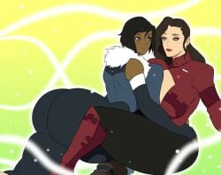 2girls arm_gloves arm_sleeves asami_sato avatar_legends big_ass big_breasts big_butt boob_window breast_window breasts canon_couple dark-skinned_female female fingerless_arm_sleeves fingerless_elbow_gloves fingerless_gloves gloves jay-marvel korra light-skinned_female long_gloves long_sleeves makeup nickelodeon old_art sleeves the_avatar the_legend_of_korra water_tribe yuri