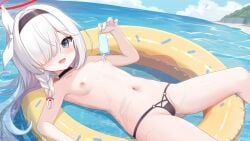 :d bare_arms bare_shoulders beach bikini black_bikini black_choker black_hairband blue_archive blunt_bangs blush bow braid breasts choker colored_inner_hair commentary cross-laced_bikini cross-laced_clothes dot_nose female food hair_over_one_eye hair_tie hairband halo holding holding_food holding_popsicle innertube long_hair looking_at_viewer lying multicolored_hair navel nc731 nipples ocean on_back pink_hair plana_(blue_archive) popsicle red_halo side_braid single_sidelock small_breasts smile solo stomach streaked_hair swim_ring swimsuit thighs two-tone_hair wet white_bow white_hair yellow_innertube