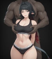 1boy 1girls ai_generated animal_ears arms_behind_back black_hair blacked blacked_clothing breasts dark-skinned_male faceless_male female female groping_breasts hoyoverse jane_doe_(zenless_zone_zero) licking_lips long_hair male multicolored_hair muscular narrow_waist panties queensphynx red_hair size_difference smirk sports_bra standing tail wide_hips zenless_zone_zero