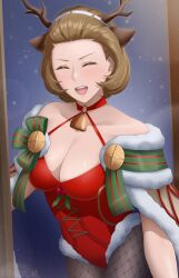 bell_collar big_breasts blush christmas_outfit cleavage fire_emblem fire_emblem:_three_houses furo_atsushi headband manuela_casagranda open_mouth short_hair