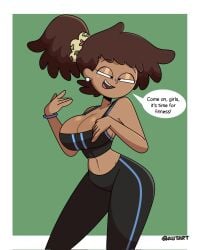 1girls aged_up amphibia amphibia_(finale) anne_boonchuy autart bare_shoulders belly belly_button big_breasts blush breasts brown_hair cleavage clothed crop_top dark-skinned_female dark_skin disney female female_only human human_only solo text