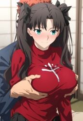 1boy 1girl ai_generated blue_eyes blush breast_grab dark_hair emiya_shirou fate/stay_night fate_(series) female smile tofuro tohsaka_rin