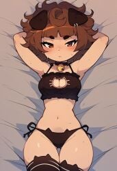 ai_generated animal_ears armpits arms_behind_head bell blush bra breasts brown_hair cat_lingerie civitai cleavage_cutout clothing_cutout female lellelop looking_at_viewer lying meme_attire mimi_(typh) navel on_back side-tie_panties solo sweat thighhighs typh underwear