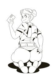 1girls ass ass_focus backpack black_and_white bubble_ass bubble_butt female female_only grabbing_own_ass hair_buns juliana_(pokemon) mole_on_ass mole_under_eye monochrome original_character pokemon pokemon_sv rex_reyes school_uniform schoolgirl selfie short_shorts shorts smile smiling solo thick_thighs thighs tight_clothes tight_clothing tight_fit tight_shorts