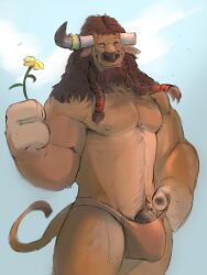 anthro blizzard_entertainment bovid bovine broken_horn clothing flower genitals hi_res holding_flower holding_object horn looking_at_viewer male mammal muscular muscular_anthro muscular_male nipples notsophatmatt pecs penis penis_poking_out plant solo tauren underwear warcraft