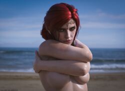 3d beach breasts female freckles light-skinned_female looking_at_viewer major_guardian nipples nude red_hair sea solo the_witcher_(series) the_witcher_3:_wild_hunt triss_merigold