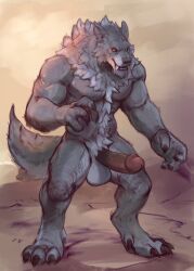 2024 abs absurd_res anthro balls biceps big_penis black_sclera blizzard_entertainment body_hair canid claws digitigrade erection fangs finger_claws fluffy fur genitals grey_body grey_fur happy_trail hi_res male mammal muscular muscular_anthro muscular_male notsophatmatt nude paws penis pubes quads red_eyes sharp_teeth solo standing tail teeth toe_claws triceps warcraft were werecanid worgen