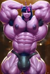 abs ai_generated ambush_(trap) armpit_hair bulge chest_hair extreme_muscles genderswap_(ftm) hairy_armpits hairy_arms hairy_chest hyper_muscles male male_only muscular muscular_male my_little_pony rule_63 sewoh solo twilight_sparkle_(mlp)