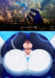 1boy 1girls 2koma 3rd_party_edit anahita_(megami_tensei) ass ass_focus asshole atlus balls blue_clothing blue_eyes blue_hair blue_nipples chocolate_starfish color edit femsub hair_ornament instant_loss_2koma maledom mating_press megami_tensei mint_starfish nahobino_(smt) naked okaimikey penetration penis protagonist_(shin_megami_tensei_v) shin_megami_tensei shin_megami_tensei_v smirk straight text water_hair white_body