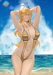 1girls beach bikini blonde_female blonde_hair firelordzuu long_hair long_hair_female ocean purple_eyes rwby sling_bikini solo_female string_bikini yang_xiao_long