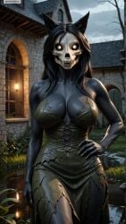 ai_generated animal_ears anthro artist_name black_hair breasts dress female female_anthro furry furry_female grey_skin hand_on_hip hi_res high_resolution highres large_breasts long_hair mal0 malo outdoors photorealistic realistic scp-1471 scp-1471-a scp_foundation solo stable_diffusion torn_clothes twitter twitter_username watermark yiffyjiffy2 yiffyjiffy69