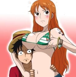 1boy1girl big_breasts bikini_top blush breasts_on_face curvy_female female grabbing_breasts huge_breasts kakkii male monkey_d_luffy nami one_piece orange_hair straw_hat takaya2021 takaya_n tattoo