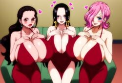 3girls boa_hancock breasts cleavage huge_breasts large_breasts one_piece smile vinsmoke_reiju viola_(one_piece)