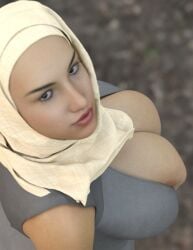 barely_contained_breasts hijab large_breasts looking_at_viewer looking_up_at_viewer nassima_(taboomania) taboomania tagme tan-skinned_female tan_skin thick_thighs