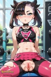 ai_generated asymmetrical_bangs bangs bare_shoulders black_choker black_hair blush breasts cameltoe choker crop_top day earrings female gym hair_ribbon hentaidex hentaidexfuta jewelry looking_at_viewer marnie_(pokemon) midriff navel parted_lips pokemon pokemon_ss pokemon_sv pokemon_sword_&_shield pokemon_swsh pussy pussy_juice pussy_juice_drip red_ribbon ribbon small_breasts solo sports sports_bra sportswear spread spread_legs spreading spreading_legs stomach torn_clothes torn_legwear twintails vagina