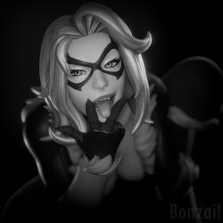 3d big_breasts black_and_white black_cat_(fortnite) black_cat_(marvel) bonzaibomb felicia_hardy fortnite looking_at_viewer marvel marvel_comics monochrome spider-man_(series) tagme tongue tongue_out white_hair