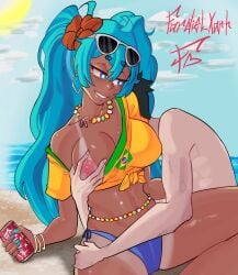 beach big_ass big_breasts big_nipples big_thighs black_body blue_eyes blue_hair blush brazil brazilian brazilian_female brazilian_miku breasts_out bronze_skin_color curvy curvy_female curvy_figure fardiel_xart grabbing hatsune_miku light_blue_hair nipples vocaloid