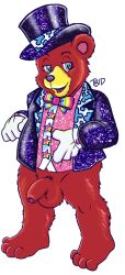 anthro balls bear bottomless bow_tie clothed clothing flaccid foreskin fur genitals glitter hat headgear headwear hi_res lisa_frank looking_at_viewer male mammal multicolored_eyes penis red_body red_fur smile solo sparkles suit tbid top_hat