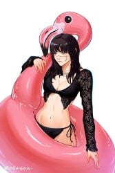 1girls belly_button bikini black_hair breasts chainsaw_man cleavage facial_scar female female_only flamingo floatie genjiruu long_hair mitaka_asa necklace scar scars_on_face sleeves solo swimwear yoru_(chainsaw_man)