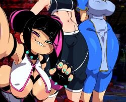 3girls areola areolae bent_over big_areola big_areolae big_breasts breasts camel_toe cammy_white chun-li clothed clothing fat_mons female fully_clothed grin huge_breasts human jellot juri_han large_areolae large_breasts light_skin looking_at_viewer mostly_clothed puffy_areola puffy_areolae puffy_pussy selfie sharp_teeth smile standing street_fighter suxowell thick thick_thighs thighs uncensored wide_hips