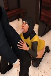 3d 3d_(artwork) arabian arabian_female blowjob busty clothed eyeshadow farah_(shassai) french_nails hijab looking_at_another looking_up looking_up_at_partner pants_down ring shassai tagme tan_skin