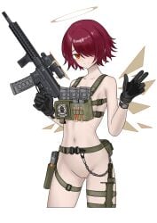 absurdres arknights assault_rifle belt black_gloves blush brown_halo casual chest_rig chinese_commentary closed_mouth commentary cropped_legs detached_wings exusiai_(arknights) female firearm gloves gun hair_over_one_eye halo hand_up handgun highres holding holding_gun holding_weapon holstered human is-8_shi_zhong_zhan_che looking_at_viewer modified_gun navel nude one_eye_covered orange_eyes pale_skin pink_hair pussy rifle sheath sheathed short_hair simple_background smile solo split_mouth standing strap tactical_nudity thigh_strap trigger_discipline waving weapon white_background wings