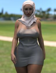 cleavage dress french_nails hijab hourglass_figure large_breasts muslim_female nassima_(taboomania) tagme tan-skinned_female tan_skin thick_thighs