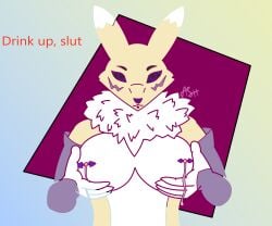 6:5 absurd_res anthro ash_the_skunk bandai_namco bodily_fluids breasts canid canine digimon digimon_(species) female fur hi_res humanoid lactating mammal mouth_piercing nipple_piercing nipples piercing presenting renamon solo white_body white_fur yellow_body yellow_fur