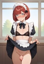 ai_generated blue_eyes blush blush bra femboy feminine_male flaccid flaccid_cock flaccid_penis girly glasses lifting_skirt lingerie maid maid_apron maid_headdress maid_outfit maid_uniform penis red_hair showing_off sissy skirt skirt_lift small_penis trap verybadboye