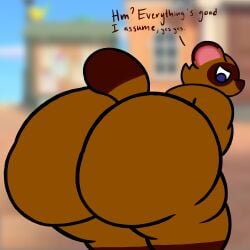 1:1 1boy 2024 animal_crossing anthro ass big_butt body_fur brown_body brown_fur canine digital_drawing_(artwork) digital_media_(artwork) english_text hi_res huge_butt hyper hyper_butt looking_back male male_only mammal nintendo no_visible_genitalia notb1rd nude overweight overweight_male raccoon_dog simple_background solo tail tanuki text thick_thighs tom_nook