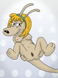 2012 anthro anus ass ass_grab breasts claudette_(rocko's_modern_life) female furry gradient_background hair headband looking_at_viewer marsupial nickelodeon nipples nude on_back pussy rocko's_modern_life serule smile solo spread_legs spreading wallaby